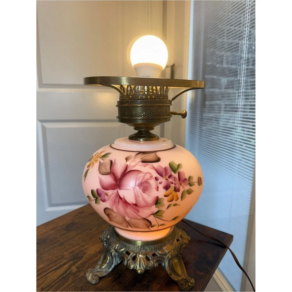 Vintage GWTW Style Hurricane Parlor Lamp Base Pink Floral Hand Painted Brass